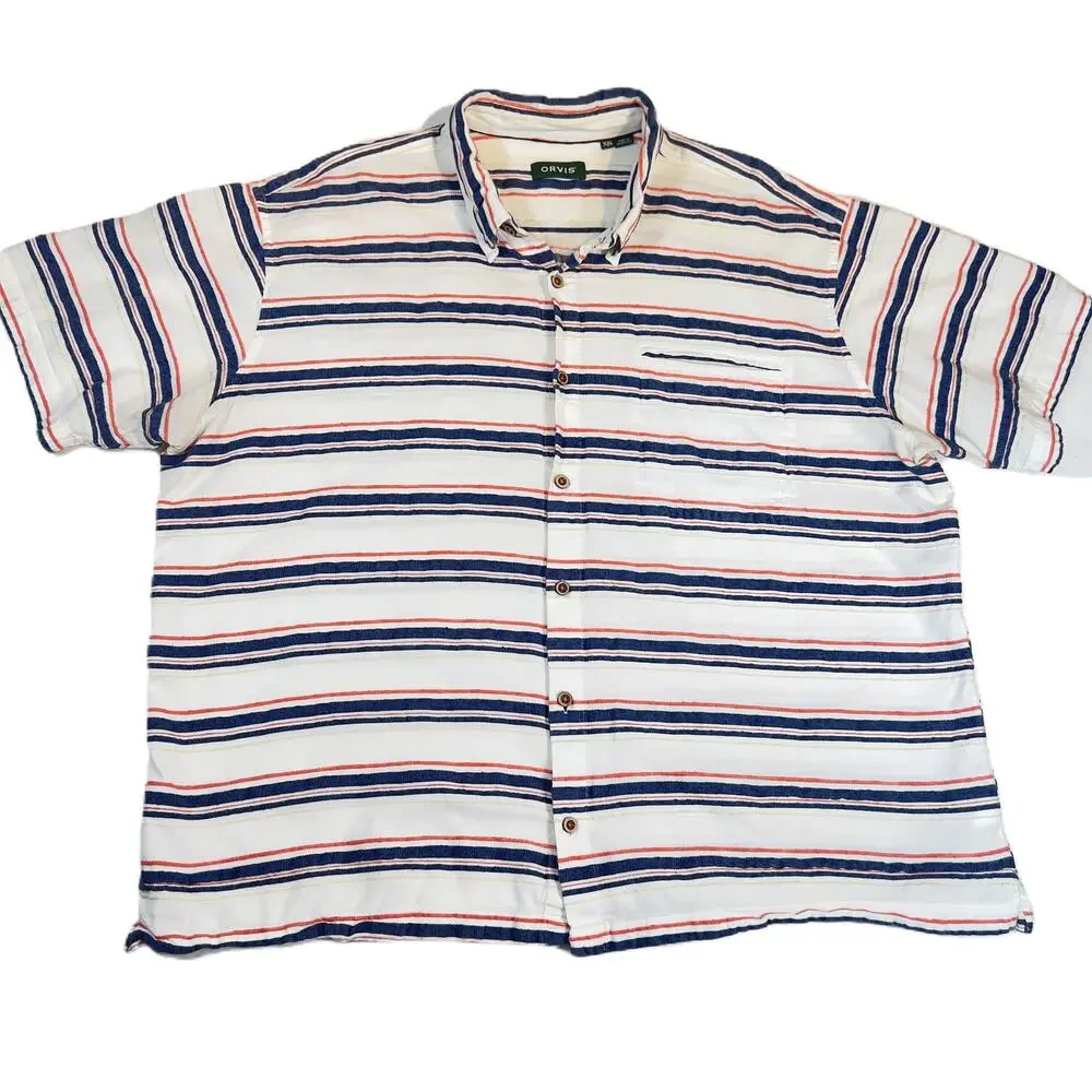 Orvis Button Shirt Men's XXL White Blue Orange Stripe Short Sleeve Linen Feel